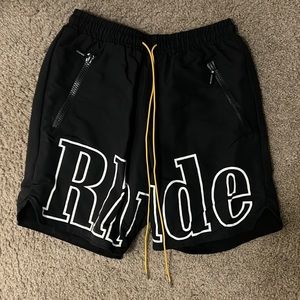 Rhude rh logo shorts black with yellow drawstring never worn size large